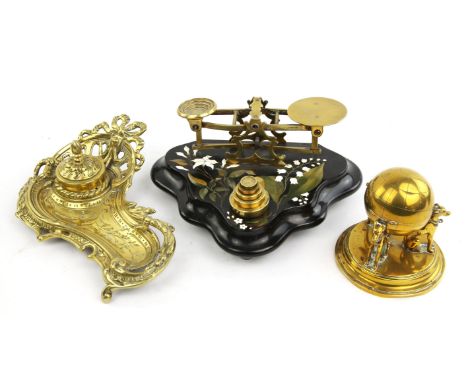 A set of Victorian Derbyshire specimen marble scales, with five brass weights, stamped, 'S Mordan & Co London', W 34cm, an Ed