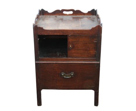 A George III tray top commode table, with two doors above converted pull out drawer, on square legs. H78 x W55 x D48cm