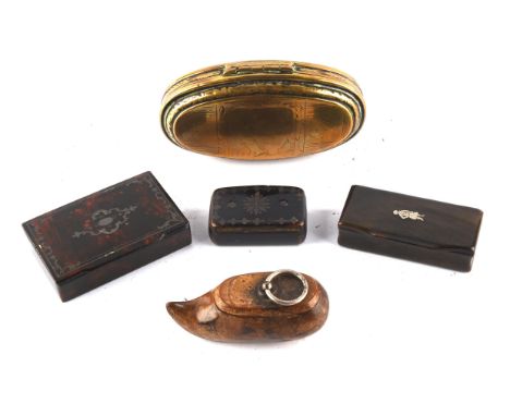 Five snuff boxes including ; an 18th century brass tobacco box of oval form with indistinct engraved decoration, 13cm wide, t
