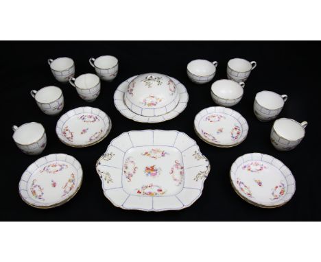 An English porcelain part tea/coffee service, mid 19th/late 19th Century,  printed and painted with flowers,  to comprise eig