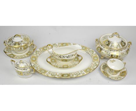 A Royal Crown Derby dinner and tea service decorated in the 'Green Derby Panel' pattern (A.1237) comprising ; three lidded tu