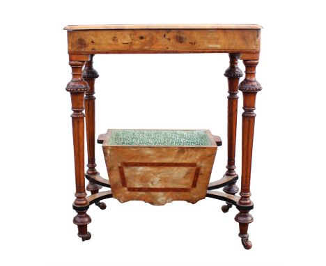 A Victorian walnut work table, 1870s, inlaid with stringing and amboyna banding, the hinged top revealing a maple lined fitte