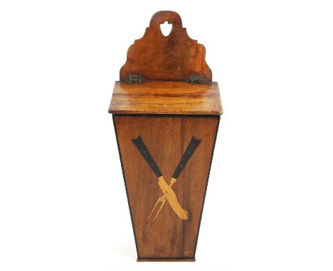 A 19th Century candle or knife box, with shaped suspension back, lifting lid, possibly later inlaid with a knife and fork, 51