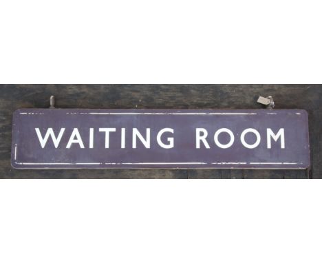 An enamel and tin plate rectangular railway sign, WAITING ROOM, 20th century, with two suspension rings, brown and white enam