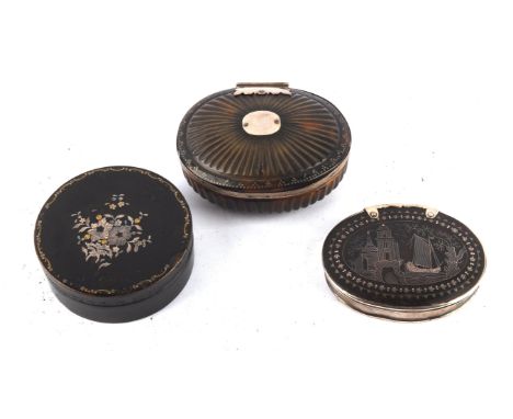 Three 18th century snuff boxes comprising ; a silver inlaid, oval tortoise shell snuff box with dated inscriptions to the rev
