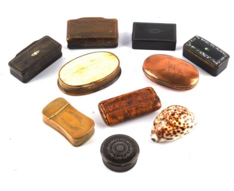 Ten 19th century snuff boxes including ; a Cowrie shell snuff box with white metal mounts, 6.7cm wide, three horn snuff boxes