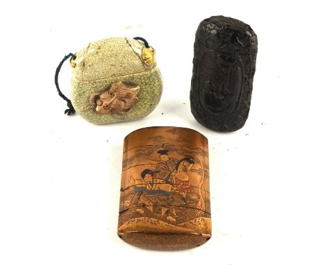 Three Japanese inro: one a four-case lacquer example with nashiji interiors and okibirame detail, decorated with a horseman a