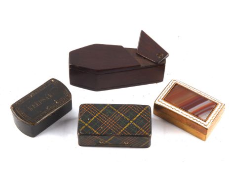 Four 19th century snuff boxes including ; a mahogany box in the form of a coffin, 8.5cm,  a tartan ware snuff box, 6cm wide, 
