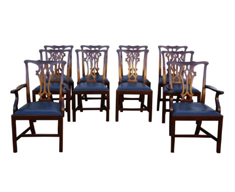 A set of ten George III style mahogany dining chairs, to include a pair of armchairs, the backs in the Chippendale taste, sea