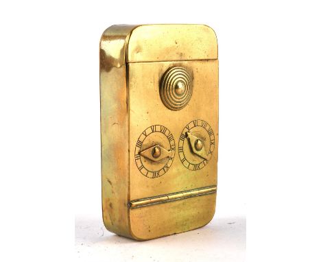 A mid-late 19th century, brass, two dial combination snuff box of rectangular form.  7.5cm x 4.3cm.
