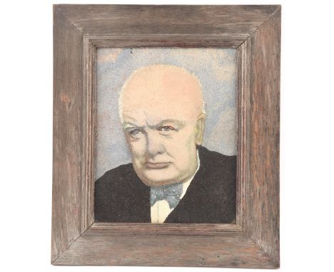 A finely worked embroidered silk portrait of Winston Churchill, inscribed verso and with the artists label, 26cm x 21cm