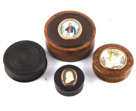 Four 19th century snuff boxes including ; a circular tortoise shell snuff box with relief carved portrait bust to the lid wit