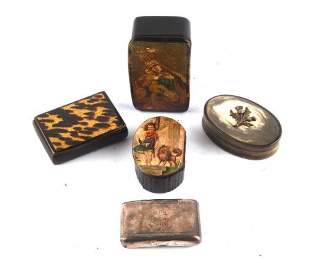 Five 19th century snuff boxes including ; a French silver snuff box with foliate engraved decoration, 6cm, an oval box hand p
