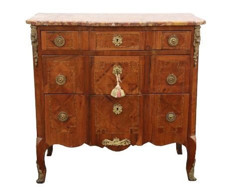A Louis XVI and later kingwood and rosewood commode, with a moulded Breccia Rosa marble top, above three graduated drawers, o