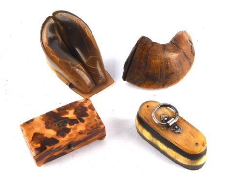 Four 19th century miniature boxes including ; a tortoise shell box with domed lid, 7cm wide, a horn snuff snuff box shaped as