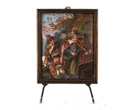 An enamel on copper plaque depicting revellers outside a tavern, 12.5cm x 10cm