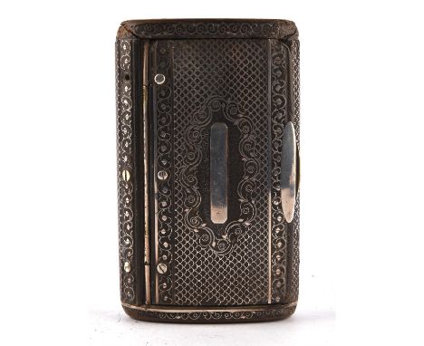 A late 18th/early 19th century, silver inlaid, papier mache snuff box with a hinged lid, 10cm wide.Condition Report:  One end