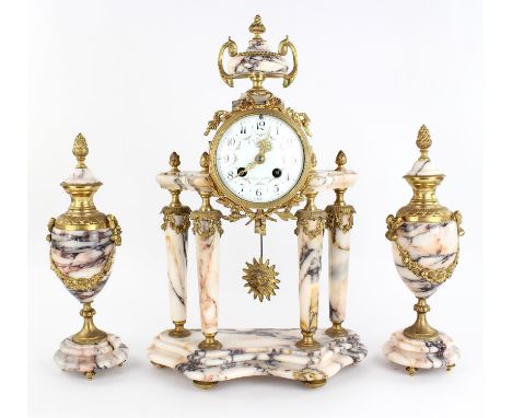 A French marble mantel clock garniture, 20th century, the drum case with foliate painted white enamel dial raised on four tap