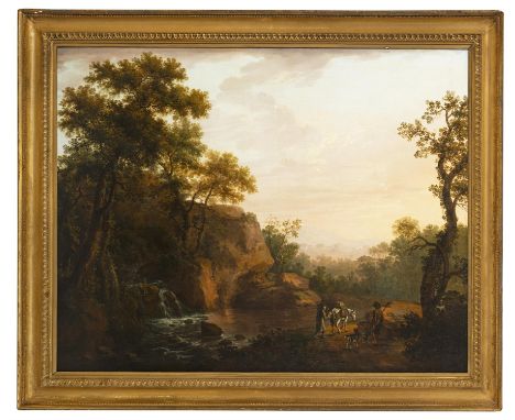 GEORGE BARRET (1732 -1784)  Classical River Landscape with Travellers and a White Horse  Oil on canvas, 97 x 123cmProvenance: