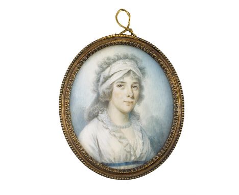 JOHN COMERFORD (c.1770-1832)  Portrait of a Lady Watercolour on ivory Oval, 6cm high, 5cm wideComerford learnt to paint by co