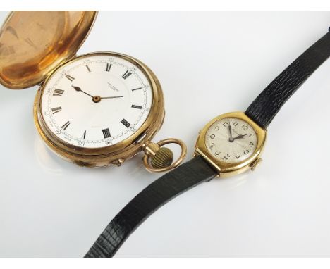 A Gentleman's 9ct gold full hunter pocket watch, import mark for London 1912, the white enamel dial with black Roman numerals