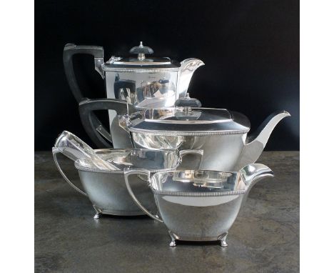 A four piece silver tea service, Harrison Brothers & Howson, Sheffield 1946, each piece of plain polished tapering rectangula