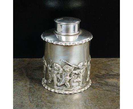 A Victorian silver tea caddy, Henry Bourne, Birmingham 1899, of circular form with embossed cherub decoration and crimped rim