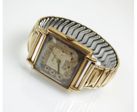 A Gentleman's 9ct gold Timor wristwatch, the square silvered dial with gold Arabic numerals and subsidiary seconds dial, manu
