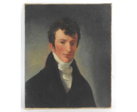 British School, 19th century, Portrait of a gentleman, half length wearing a white stock and a black coat, oil on canvas, 61 
