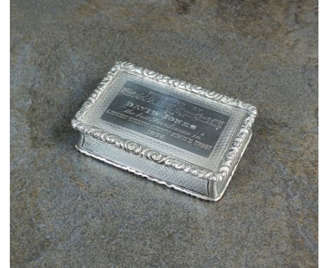 A Victorian silver snuff box, George Unite, London 1874, of rectangular engine turned form with engraved presentation inscrip