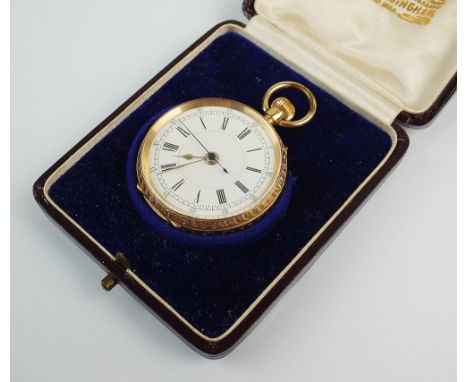 A Lady's continental fob watch, stamped '14k', the white dial with Roman numerals and sweep seconds hand, the gilt keyless mo