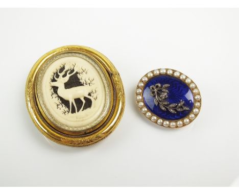 A late 19th century blue enamel, pearl and diamond brooch, designed as an oval blue enamel plaque mounted with rose cut diamo