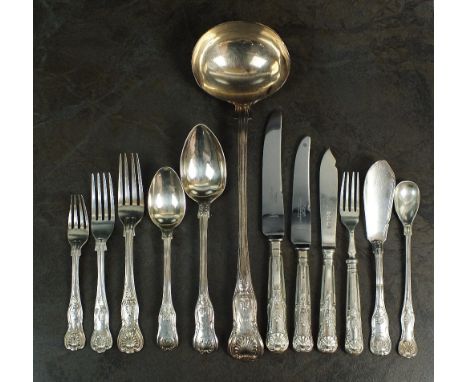 A harlequin part canteen of  Regimental silver Kings and Queens pattern silver cutlery, various dates and makers, comprising;