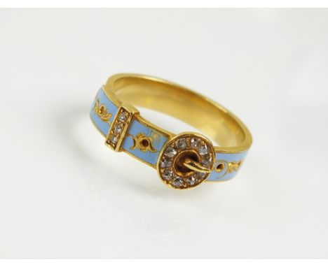 A late 19th century enamel and rose cut diamond buckle ring, the blue enamel band with rose cut diamond set buckle decoration
