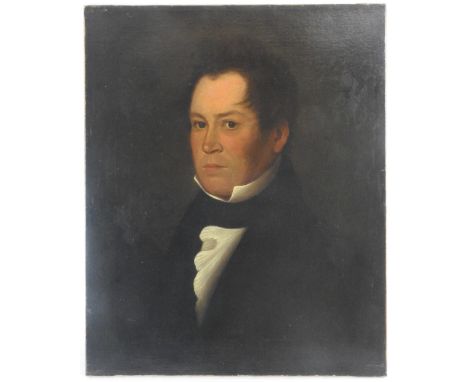 British school, 19th century, Portrait of a gentleman, head and shoulders wearing a black stock and coat, oil on canvas, 62 x