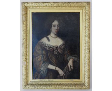 English School, late 17th century Portrait of Charlotte Whitley, half length wearing pearls and a brown dress, oil on canvas,