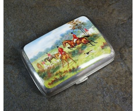 A Victorian silver and enamel hunting cigarette case, John Edward Wilmot, Birmingham 1896, the enamelled cover depicting a hu