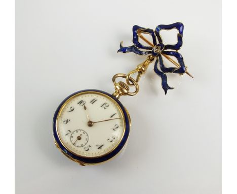 A Lady's continental blue enamel and rose cut diamond set fob watch, stamped '18k', the circular white dial with black Arabic