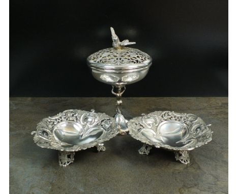 A silver pedestal pot pourri bowl, makers mark rubbed, Birmingham 1921, designed as a shallow plain polished bowl with decora