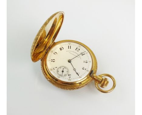 An Lady's American full hunter fob watch, stamped '18k', the white enamel dial with Arabic numerals and subsidiary seconds di