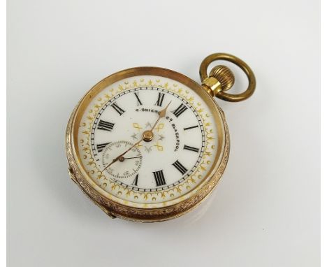A Lady's continental fob watch, stamped '14k', the decorative white enamel dial with black Roman numerals and subsidiary seco