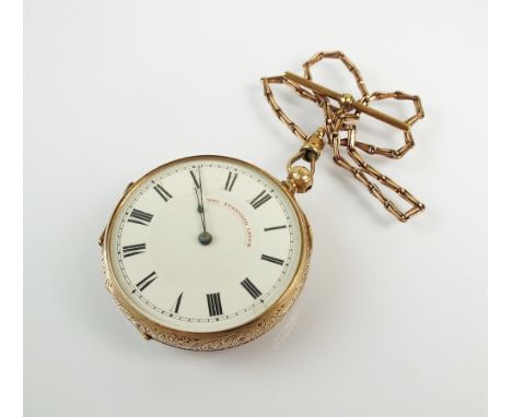 A Lady's continental fob watch, stamped '14k', the white enamel dial with black Roman numerals and 'The Standard Lever', the 