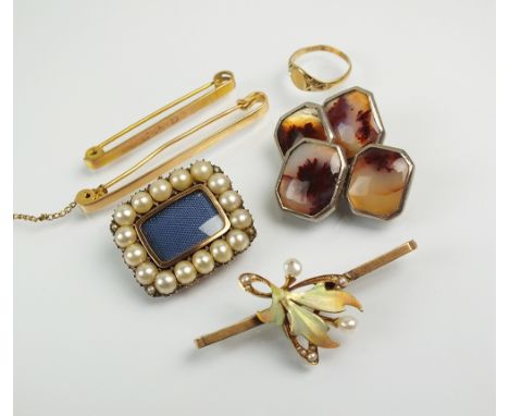 A split pearl mourning brooch, together with an enamel and seed pearl bar brooch, two yellow metal bar brooches, one stamped 