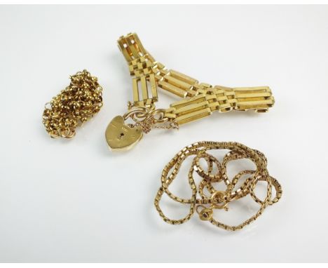 A 9ct gold three bar gate link bracelet, together with a 9ct gold belcher link chain and a yellow metal chain, indistinctly s