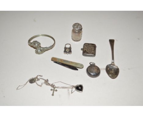 A quantity of various silver items to include a vesta case; silver plated and mother of pearl pen knife; cut glass scent bott