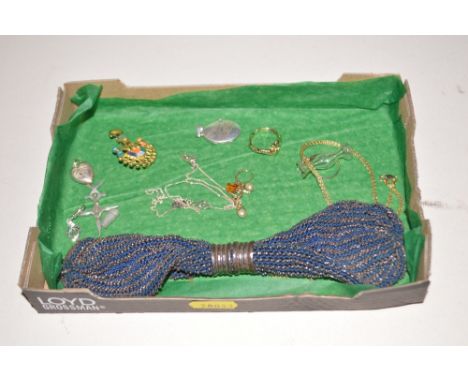 A vintage cut steel and bead work purse; various pendants; rings etc