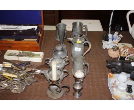 A quantity of various pewter items, glass and white metal mounted inkwell, vintage keys etc.