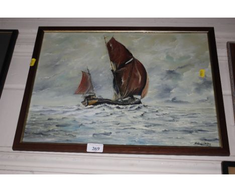 K Dull Godfrey, oil of a river barge at sea
