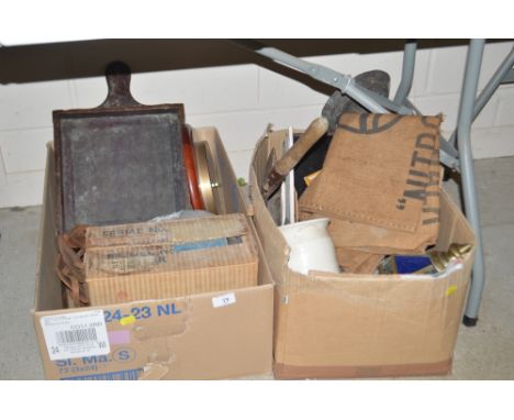 Two boxes of miscellaneous metalware, advertising sacks, wooden tray, a barometer, Roberts transistor radio