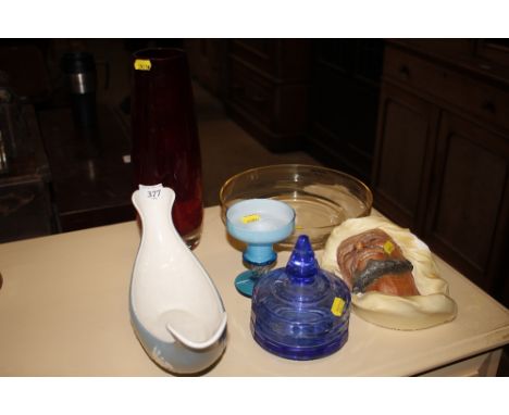 A Maling ware boat shaped dish; a ruby colour glass vase; a blue glass jar and cover; candle holder; fruit bowl etc